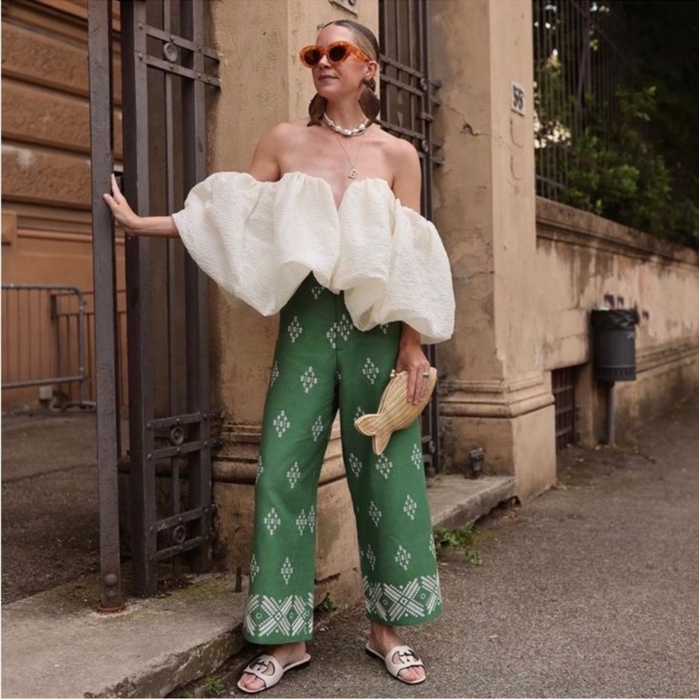 ZARA Linen Blend High Waisted Wide Leg Embroidered Culotte Pants